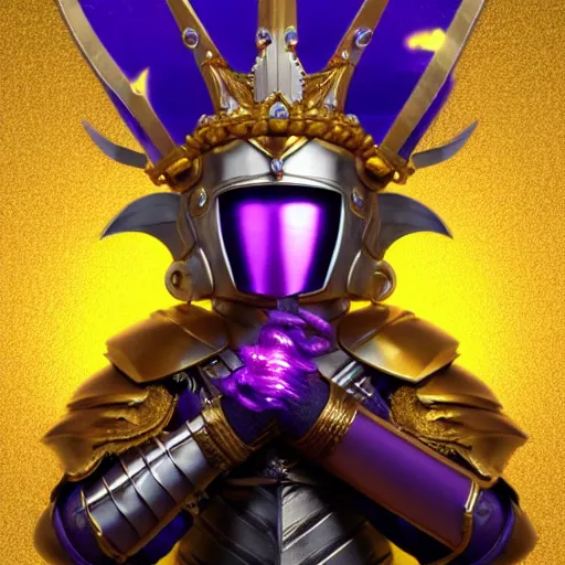 Image similar to a highly detailed knight with glowing purple eyes in a T golden helmet and a golden crown with a blue diamond in the center, golden armor, leather clothes under the armor, leather gloves, holds a black sword, artstation, DeviantArt, professional, octane render, sunset lighting