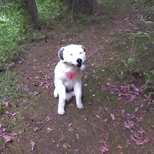 Prompt: trail cam footage of a anthropomorphic puppy smoking a cigar