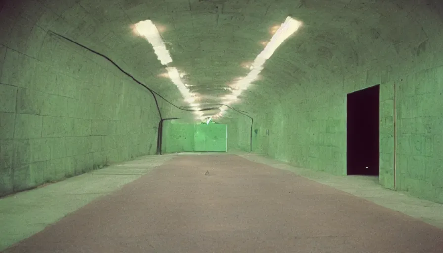 Image similar to 60s movie still of an empty tunnel with green tiles floor, cinestill 800t 50mm eastmancolor, liminal Space style, heavy grain