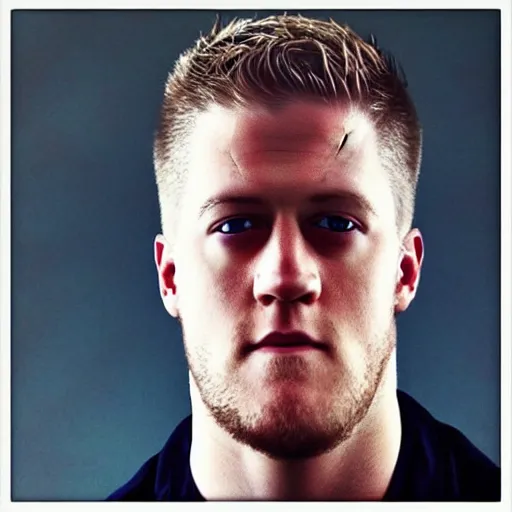 Image similar to “a realistic detailed photo of a guy who is an attractive humanoid who is half robot and half humanoid, who is a male android, football player JJ Watt, shiny skin, posing like a statue, blank stare”