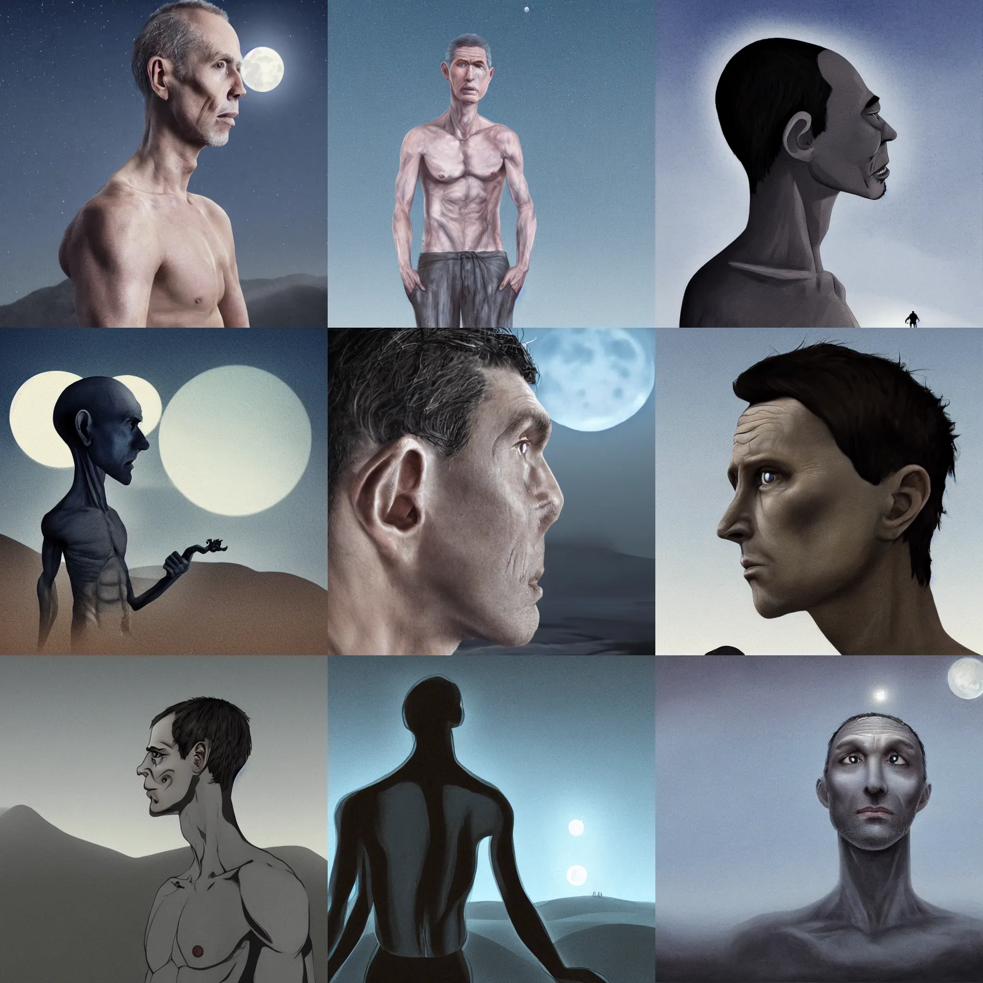 Prompt: Side view close up of a gaunt, skinny caucasian man, grey skin, with a large head and big eyes, a pronounced chin, a sad expression, shirtless, walking over a foggy barren landscape at night. Hills and moon in the background. Dramatic lighting. Blue color palette. Stylish Digital art animated oil painting. Tim Burton style