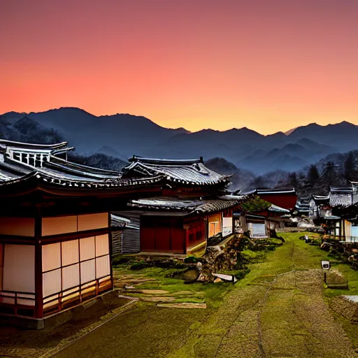 Image similar to a traditional japanese village in the mountains at sunset by Adam Paquette