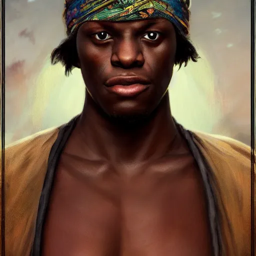 Image similar to KSI wearing a bandana, closeup, D&D style, fantasy, intricate, elegant, highly detailed, digital painting, artstation, concept art, matte, sharp focus, illustration, art by Artgerm and Greg Rutkowski and Alphonse Mucha