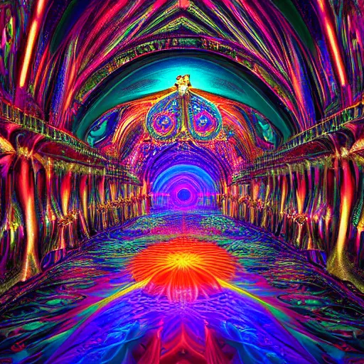 Prompt: Psychedelic cathedral crystalline Visionary Sacred Holy Detailed Ben Ridgway art style 8K Detail Colorful Awesome VRay Unreal Engine 5 Substance Designer Octane Render LightWave 3D 3Delight 3D shading 3ds Max