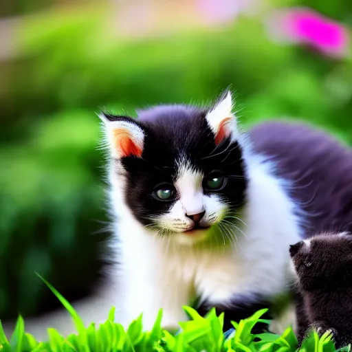 Prompt: cute kitten with panda body and cat face, in the garden in front of a house, highly detailed, sharp focus, photo taken by nikon, 4 k