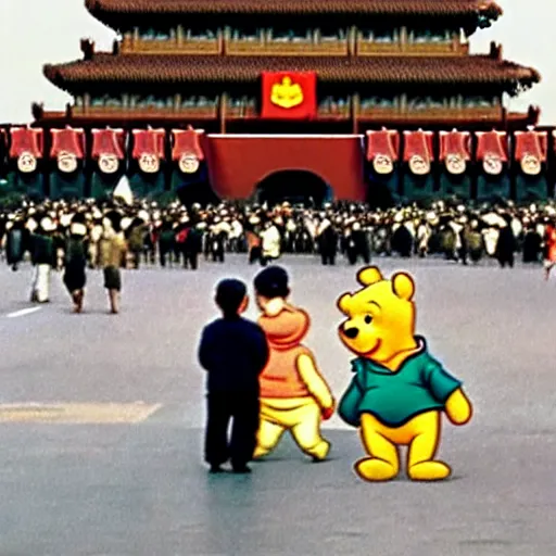 Image similar to grainy photo of winnie the pooh in tiananmen square, tanks