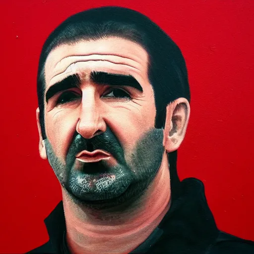 Image similar to a painting of Eric Cantona, in front of a red wall, dripping.