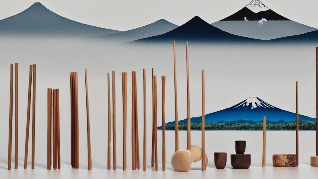 Image similar to a variety of handmade wooden chopsticks, avant - garde design, at the edge of yamanaka lake reflecting mount fuji overcast sky, a collage painting, in the style of wes anderson, lola dupre, david hockney, isolated on negative white space background dark monochrome neon spraypaint accents volumetric octane render