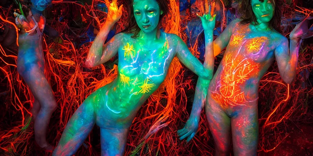 Image similar to love, people with glowing body paint, rebirth symbolism, wide angle, cinematic atmosphere, elaborate, UV, Blacklight, highly detailed, dramatic lighting