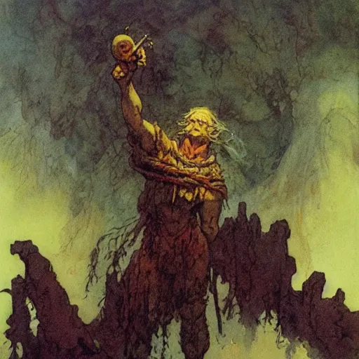 Prompt: A druid at the beginning of the world by Alan Lee, Mike Mignola and Frank Frazetta