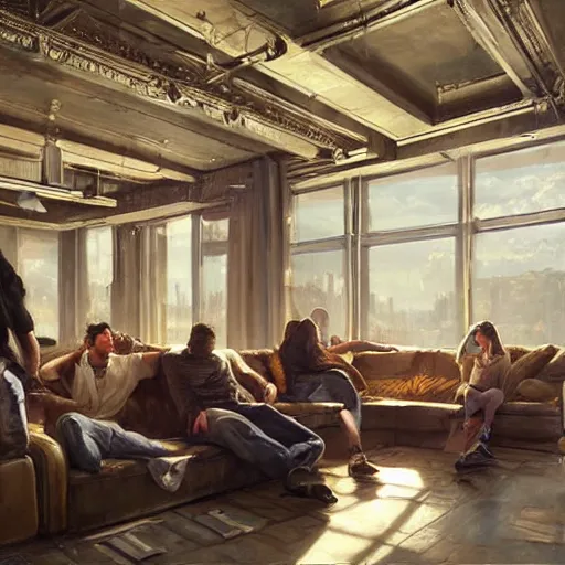 Image similar to epic masterpiece of cinematographic hyperrealism where a lot of people communicating with each other in a large lounge. realistic shaded lighting poster by craig mallismo, artgerm, jeremy lipkin and michael garmash, unreal engine, radiant light, detailed and intricate environment, digital art, art station trends