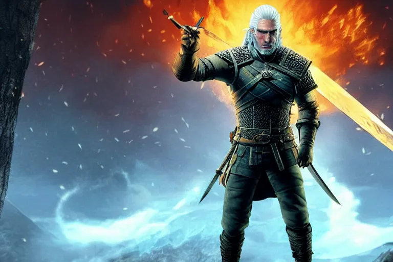 Prompt: Geralt of Rivia is The Avatar, Master of all four elements.