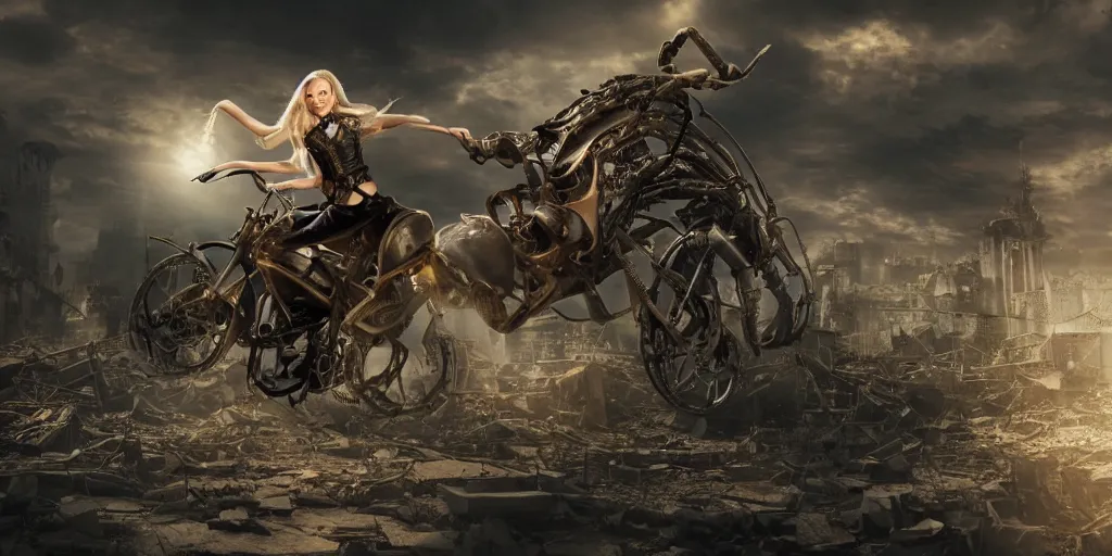 Image similar to a beautiful blond woman riding a giant steampunk ant in a destroyed city, 8 k, moody lighting, shallow depth of field,