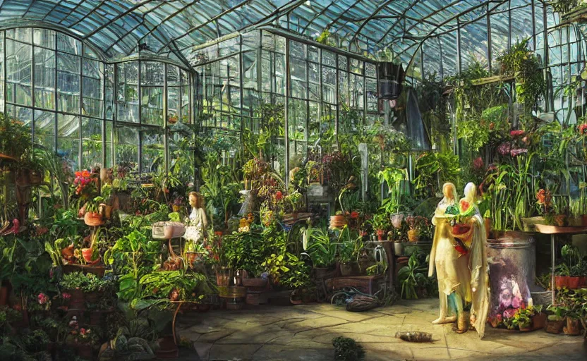 Image similar to a greenhouse with alien plants, potions, fountain in the middle, fantastic lighting, oil painting, high detail, a women working behind a counter