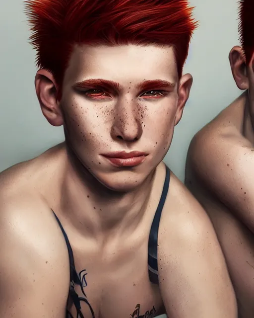 Prompt: portrait of 1 9 - year - old male twins with red hair and freckles, two male, wearing shirts,, hyper realistic face, beautiful eyes, character art, art by mark brooks, hyperdetailed, cryengine, trending on artstation, digital art