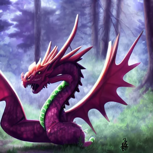 Image similar to a mulitcolored dragon roaming the forest, trending on pixiv