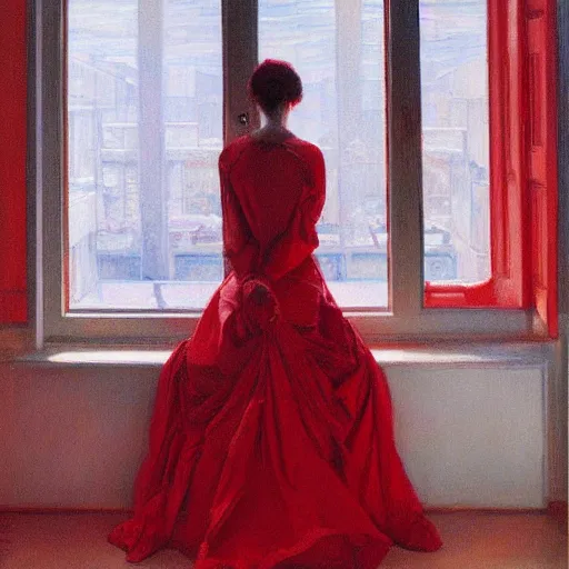 Prompt: woman wearing red, in a white room, by donato giancola.