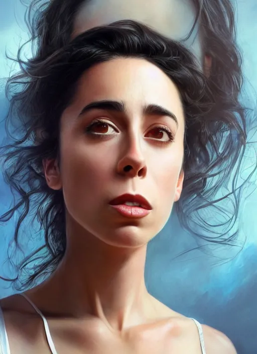 Image similar to full length photo of Oona Chaplin with a face of pain in a tanktop in the style of stefan kostic, not realistic, sharp focus, 8k high definition, insanely detailed, intricate, elegant, art by stanley lau and artgerm