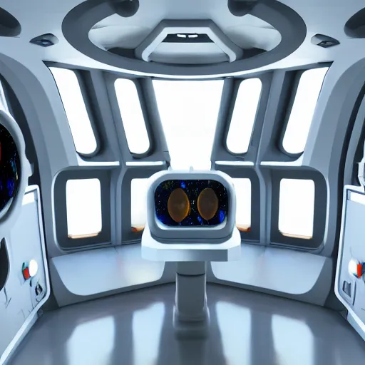 Image similar to flight deck inside a sci-fi spaceship escape pod that is a mind temple for meditation and discovery of secret knowledge. clean white interior, large window to view outer space, raytraced, corona render, 4k