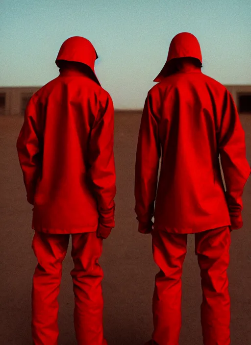 Prompt: cinestill 5 0 d photographic portrait of two clones standing in front of a brutalist metal building, techwear women on a desolate plain, red sky, closeup, depth of field, 4 k, 8 k, hd, full color
