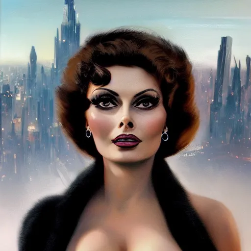 Prompt: closeup portrait of a young sophia loren as a 1 9 2 0 s femme fatale, city background, megacity, high fantasy, dramatic light, gorgeous view, depth, high detail, digital art, painted by greg rutkowski, trending on artstation