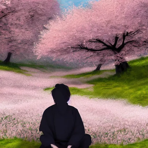 Prompt: A lone samurai sitting on a hill surrounded by cherry blossom trees, photorealism, concept art, HD —H 1024