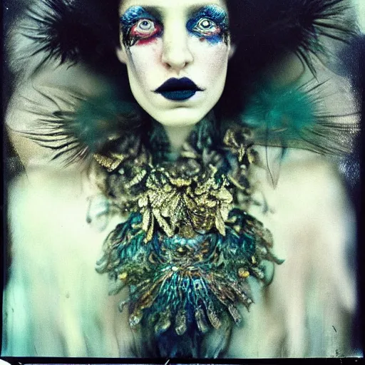 Prompt: kodak portra 4 0 0, wetplate, photo of a surreal artsy dream scene,, weird fashion, in the nature, expressive eyes, highly detailed face, very beautiful model, portrait, extravagant dress, carneval, animal, wtf, photographed by paolo roversi style and julia hetta