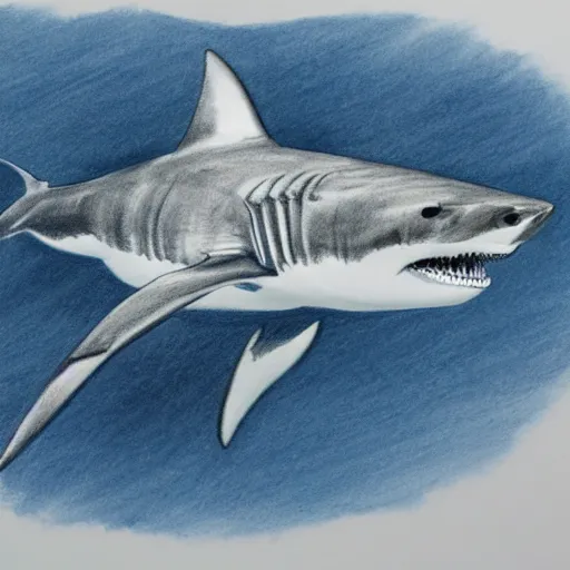 Prompt: pencil sketch of grate white shark hunting, dark blue colours with white elements