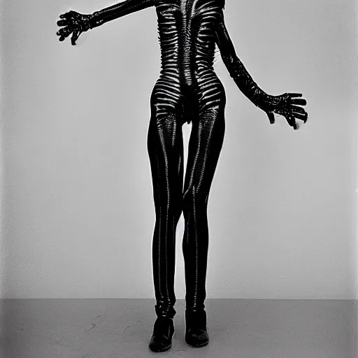 Image similar to alien with telescopic limbs dressed in glam clothing, photo by cindy sherman