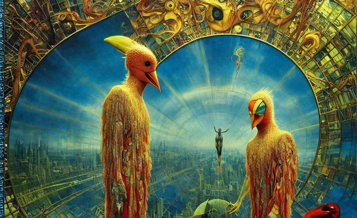 Image similar to realistic detailed portrait movie shot of a birdman wearing reflective transparent robes, sci fi city landscape background by denis villeneuve, amano, yves tanguy, alphonse mucha, ernst haeckel, max ernst, roger dean, masterpiece, rich moody colours, blue eyes