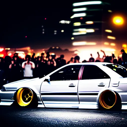 Image similar to a car JZX100 twin turbo drift at illegal car meet, Shibuya prefecture, city midnight mist lights, cinematic lighting, photorealistic, highly detailed wheels, high detail