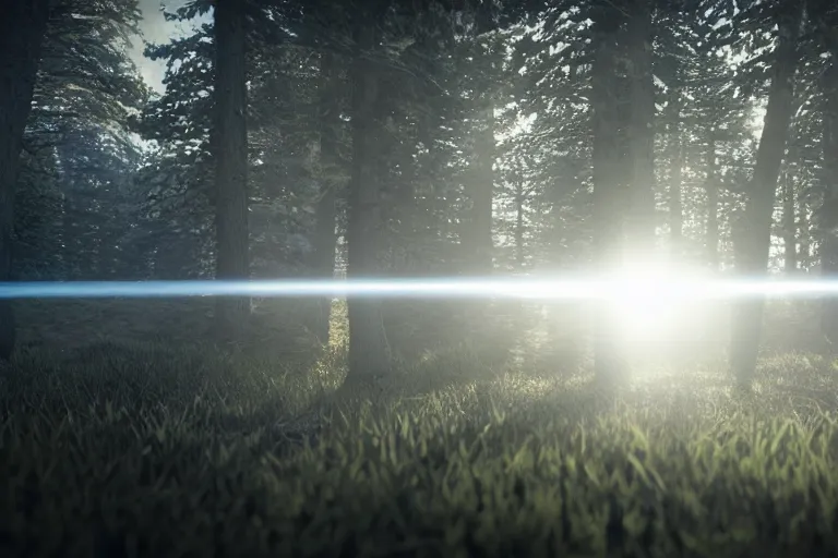 Image similar to a close up of the head of a laser-eyed deer, background of a landscape misty forest scene, the sun glistening through the trees, hyper realistic photograph, octane render 8k, trending on artstation, unreal engine