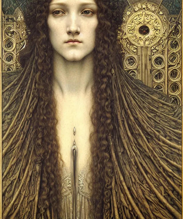 Image similar to detailed realistic beautiful young medieval queen face portrait by jean delville, gustave dore and marco mazzoni, art nouveau, symbolist, visionary, gothic, pre - raphaelite. horizontal symmetry