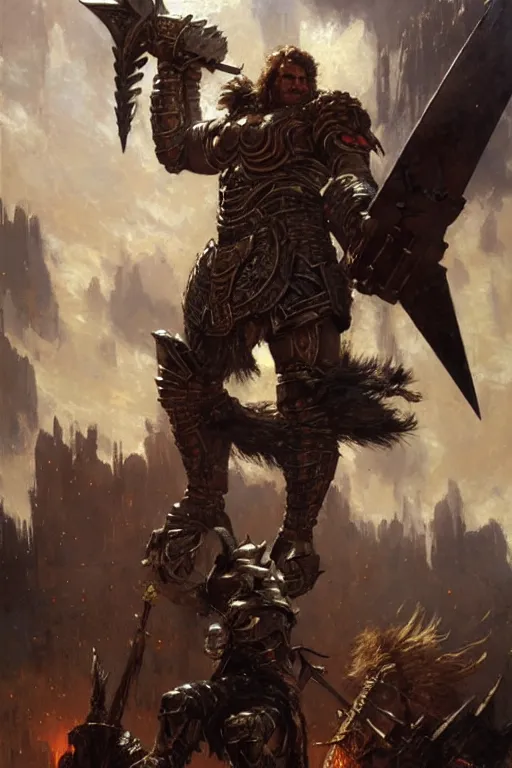 Image similar to towering metal armoured barbarian with two lightning hand axes, portrait dnd, painting by gaston bussiere, craig mullins, greg rutkowski, yoji shinkawa