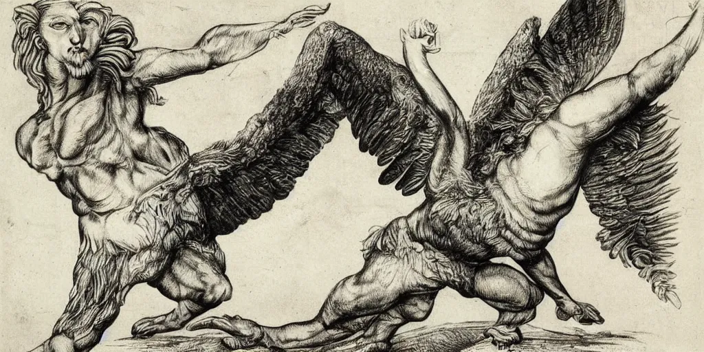 Image similar to human / eagle / lion / ox hybrid. horns, beak, mane, human body. drawn by da vinci