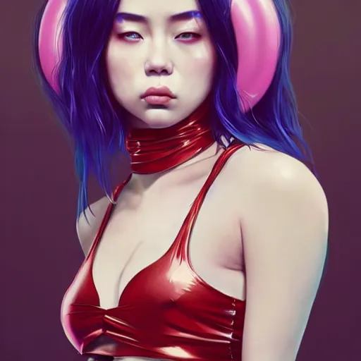 Image similar to a beautiful young japanese billie eilish lucy liu alluring instagram model in elaborate latex bikini tank top, tank top made from latex demon faces, by guweiz and wlop and ilya kuvshinov and artgerm and, aesthetic, gorgeous, stunning, alluring, attractive, artstation, deviantart, pinterest, digital art