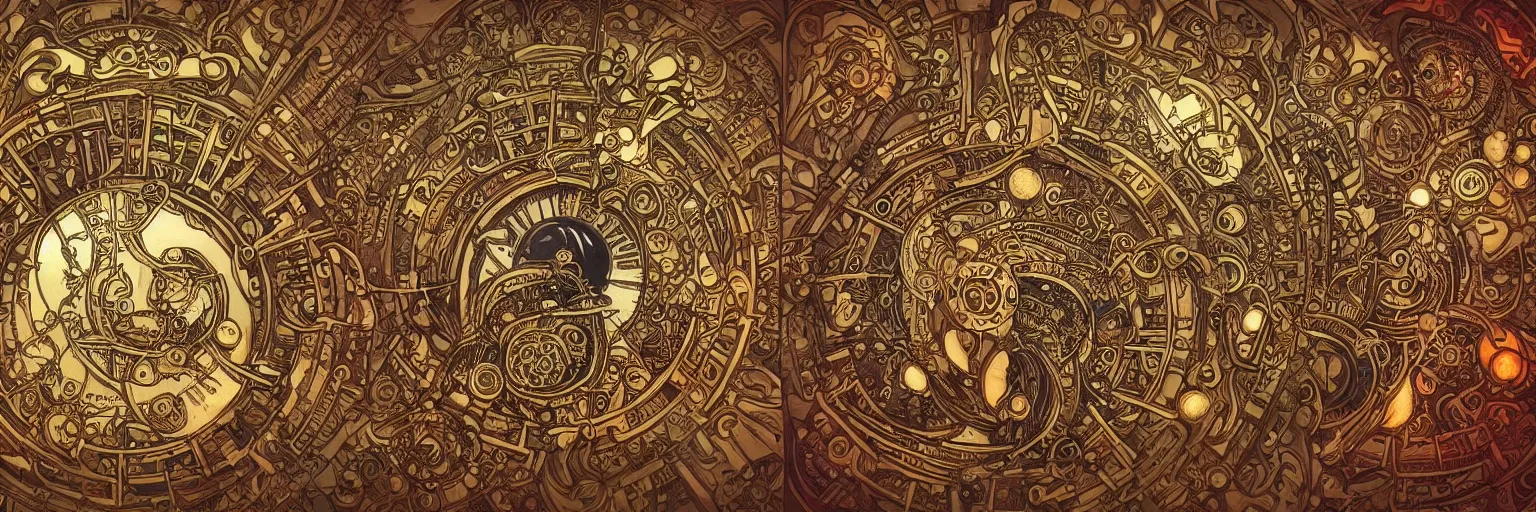 Prompt: steampunk art nouveau portrait of a sun and moon and stars and a comet and the planet earth, rich bright colors, intricate, ornate, circuitry, gears, carved, extremely hyperdetailed, art deco, four color, sharp focus