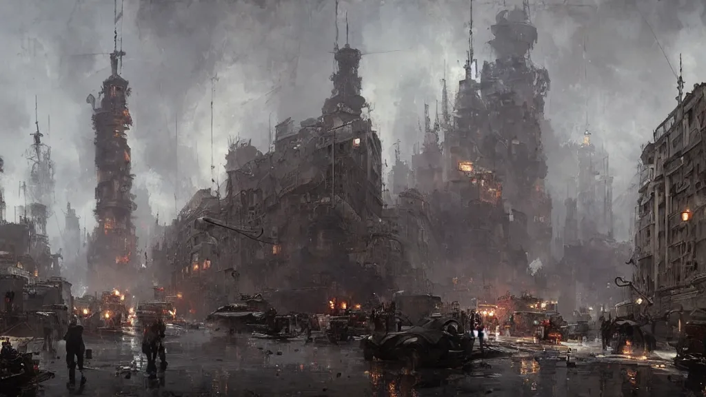 Prompt: russian revolution dieselpunk 1 9 1 0 cityscape, painting by greg rutkowski, craig mullins, levitan, rozalski