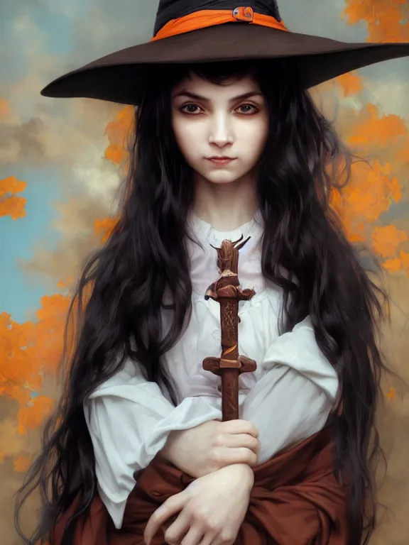 Prompt: Full shot of a mischievous young witch about to get up to some trouble. Latin American fashion. Black and Orange palette. Latina girl. brown skin. defined facial features, symmetrical facial features. By Ruan Jia and Artgerm and Range Murata and WLOP and Ross Tran and William-Adolphe Bouguereau. Key Art. Fantasy Illustration. award winning, Artstation, intricate details, realistic, Hyperdetailed, 8k resolution.