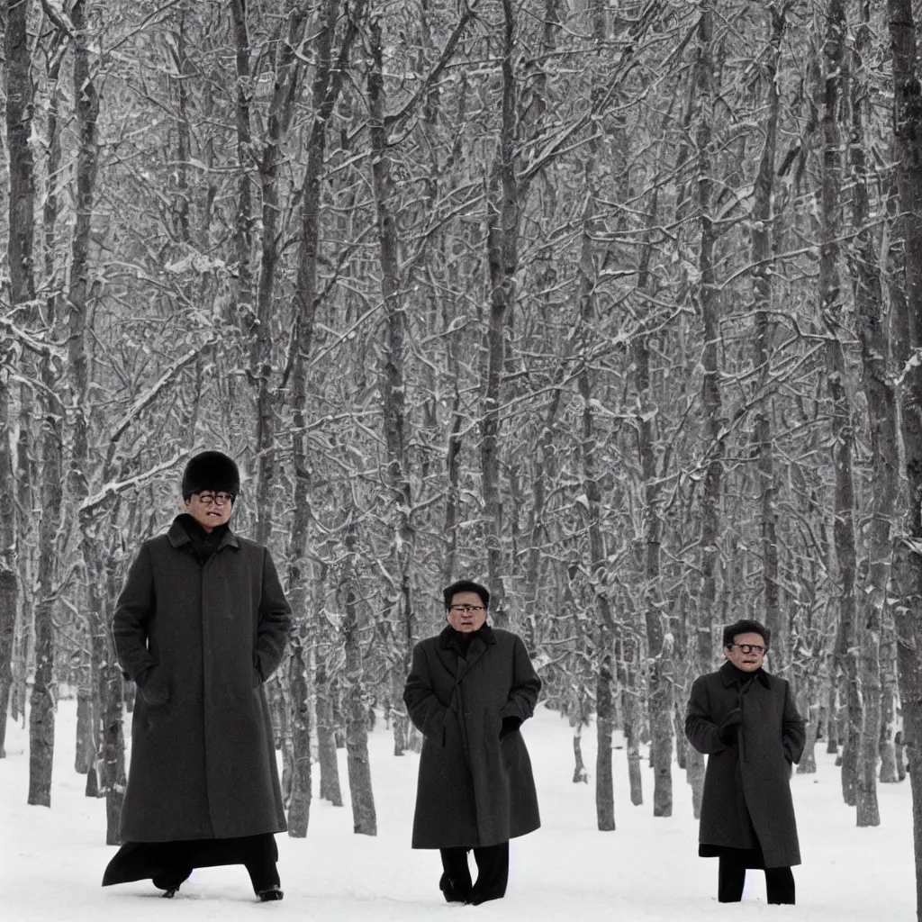 Image similar to filmstill of Kim Jong-il wearing a furry chapka and playing the role of Omar Sharif in Doctor Zhivago by David Lean, man in grey winter coat, cold Russian winter, snow and trees, Prussian architecture, old Russian interior, Doctor Zhivago movie shot, minimal composition, 1965, cinemascope, Eastman Color Negative 50T 5251 Neg. Film, epic romance