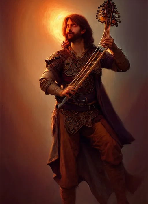 Image similar to male bard playing lute, full body, hyper realistic, extremely detailed, dnd character art portrait, dark fantasy art, intricate fantasy painting, dramatic lighting, vivid colors, deviantart, artstation, by clyde caldwell and krenz cushart and artem demura and john williams waterhouse