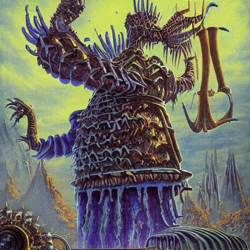 Prompt: Artwork by Tim White of The Chitine King Hian the Demigod, master of Ice, and their hateful haunting of steam mephits and horrifying balors, who plan to take revenge on the party for a perceived wrong done to them long ago.