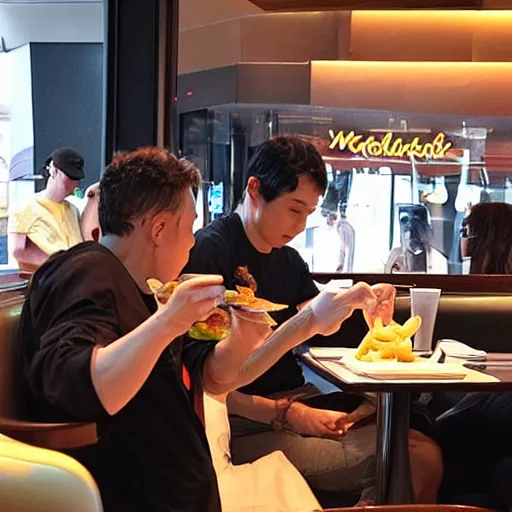 Image similar to a famous hollywood personality, eating wagyu steak at a macdonalds restaurant