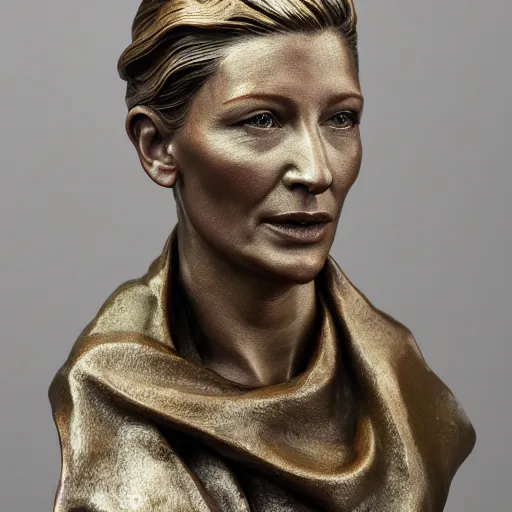 Prompt: bronze sculpture of cate blanchett , photorealism