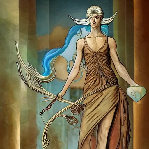 Prompt: a modern genderless reincarnation of the old selenium greek god of hunt known as artemixel the selene, myth portrayed by moebius himself with love, detail and care