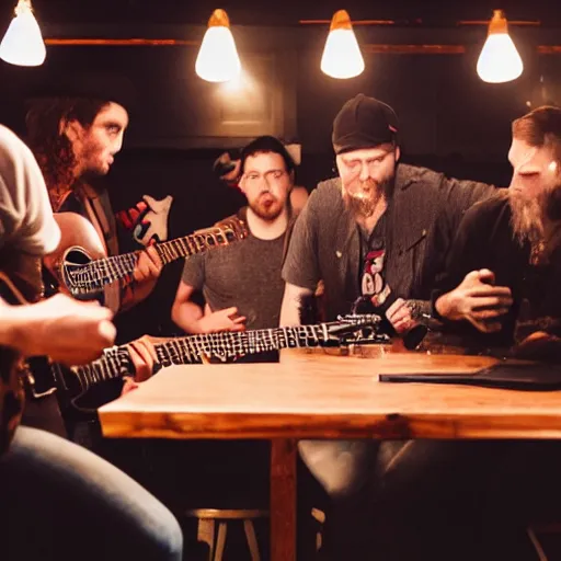 Prompt: nine people in a bar fighting with their guitars