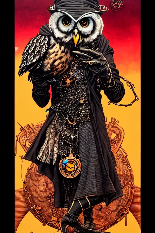 Image similar to side view of a hooded steampunk alchemist wizard holding his majestic owl on glove, high details, bold line art, by vincent di fate and joe fenton, inking, etching, screen print, masterpiece, trending on artstation, sharp, high contrast, hyper - detailed,, hd, 4 k, 8 k