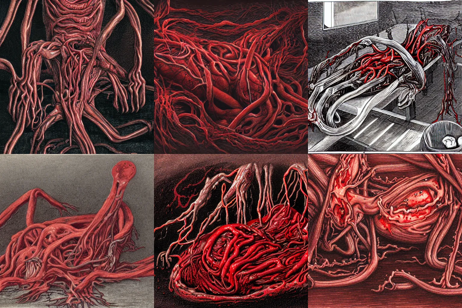 Prompt: a dark red gory structure of body horror composed of intertwined boiling and melting muscles, eyes, sharp teeth, and intestines lying in a pool of clotting blood, slowly engulfing its surroundings with twitching veins and bloody intestines, dark hazy room, slaughter, ultra-detailed, an ultra-detailed photo, in color