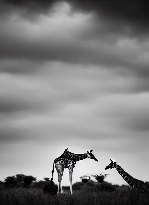 Image similar to two giraffe black and white portrait white sky in background