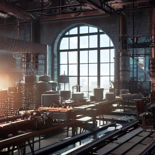 Image similar to factories of the industrial revolution in europe, highly detailed, photorealistic shot, bright studio setting, studio lighting, crisp quality and light reflections, unreal engine 5 quality render